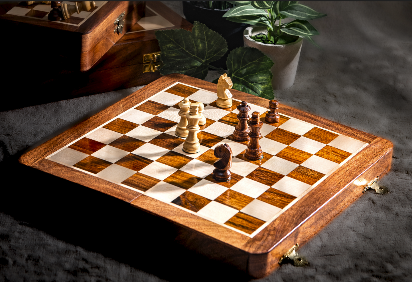 Premium 14-Inch Wooden Folding Travel Chess Set - Boxwood and Rosewood