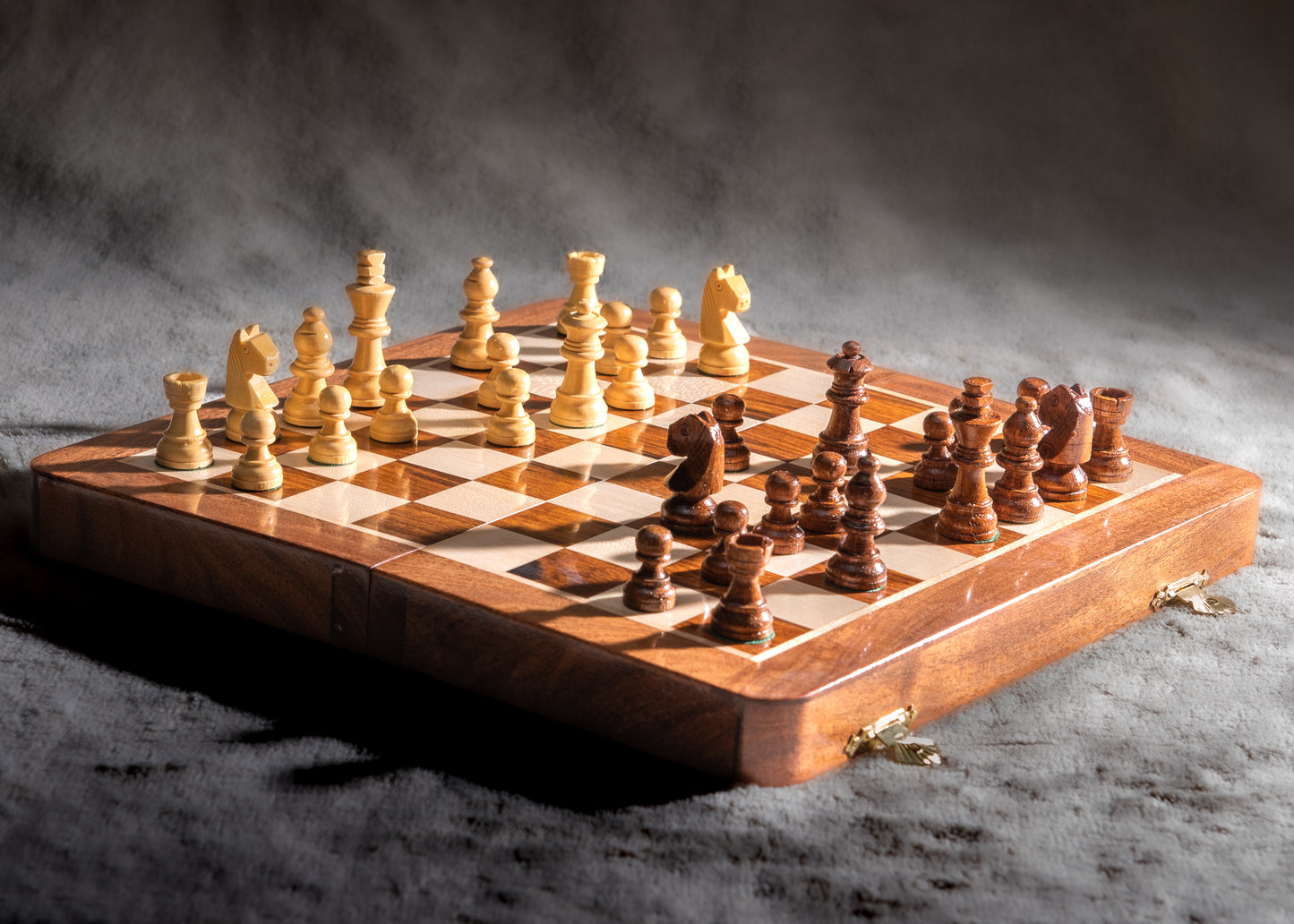 Premium 14-Inch Wooden Folding Travel Chess Set - Boxwood and Rosewood