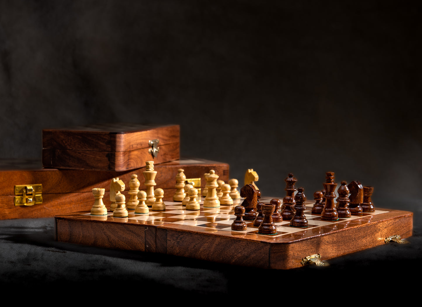 Luxury 12-Inch Wooden Folding Travel Chess Set - Boxwood and Rosewood