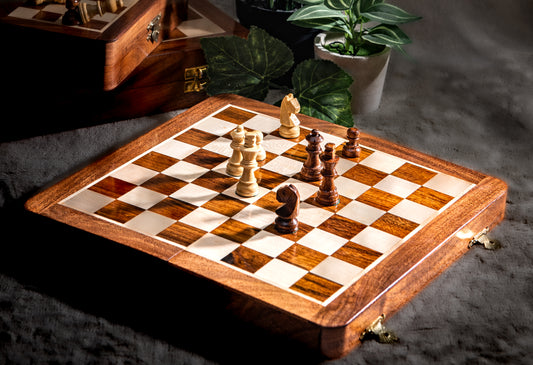 Premium 10-Inch Wooden Folding Travel Chess Set - Boxwood and Rosewood